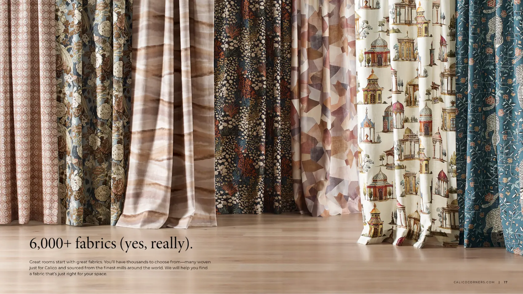 6,000+ fabrics — floor-to-ceiling drapery panels
