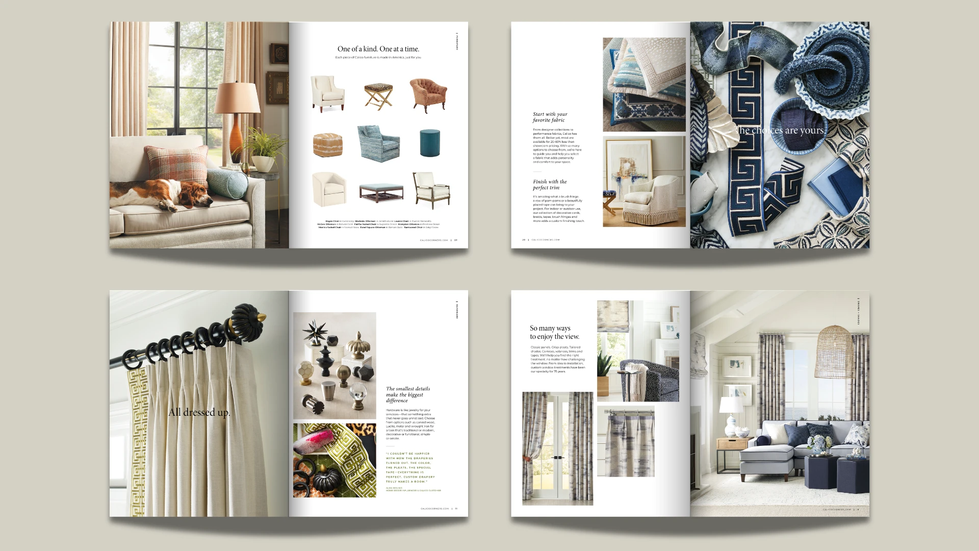 Catalog spreads: custom furniture, trim, and window treatments
