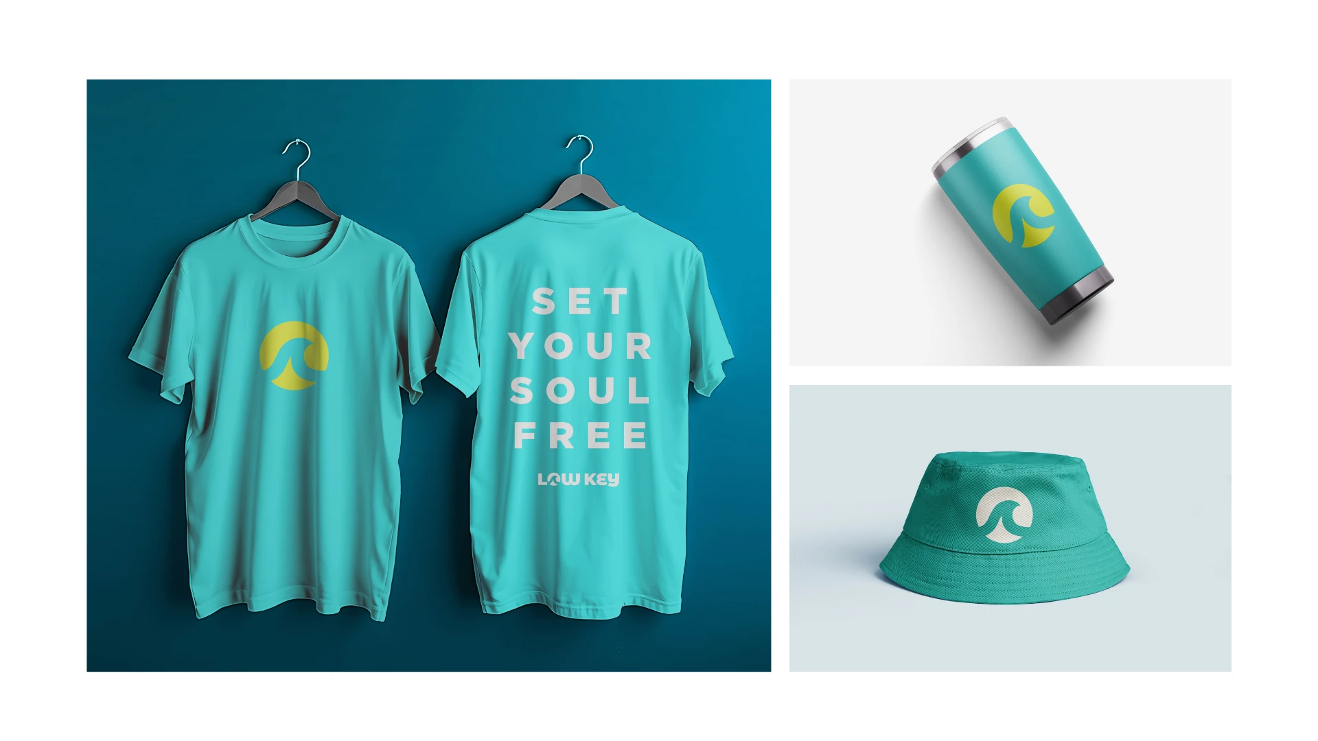 Low Key apparel — tee, tumbler, and bucket hat