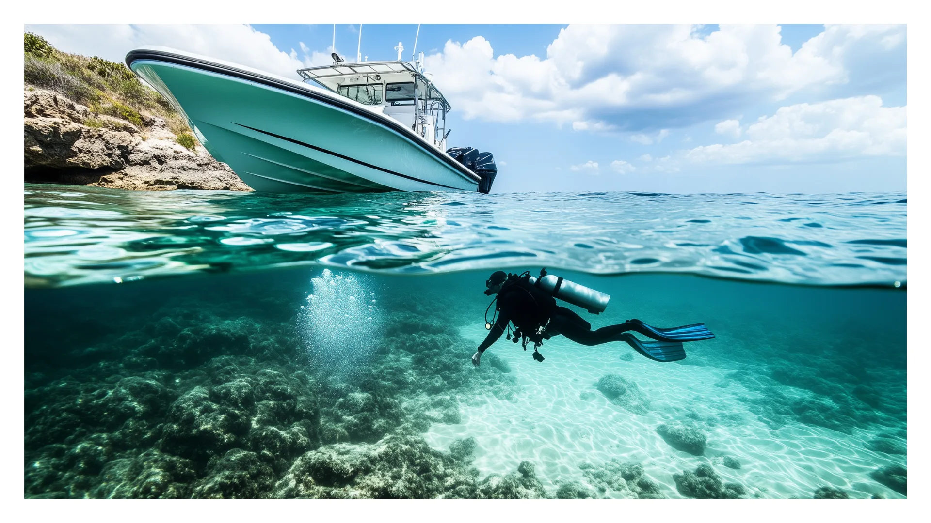 Dive boat and diver in clear water