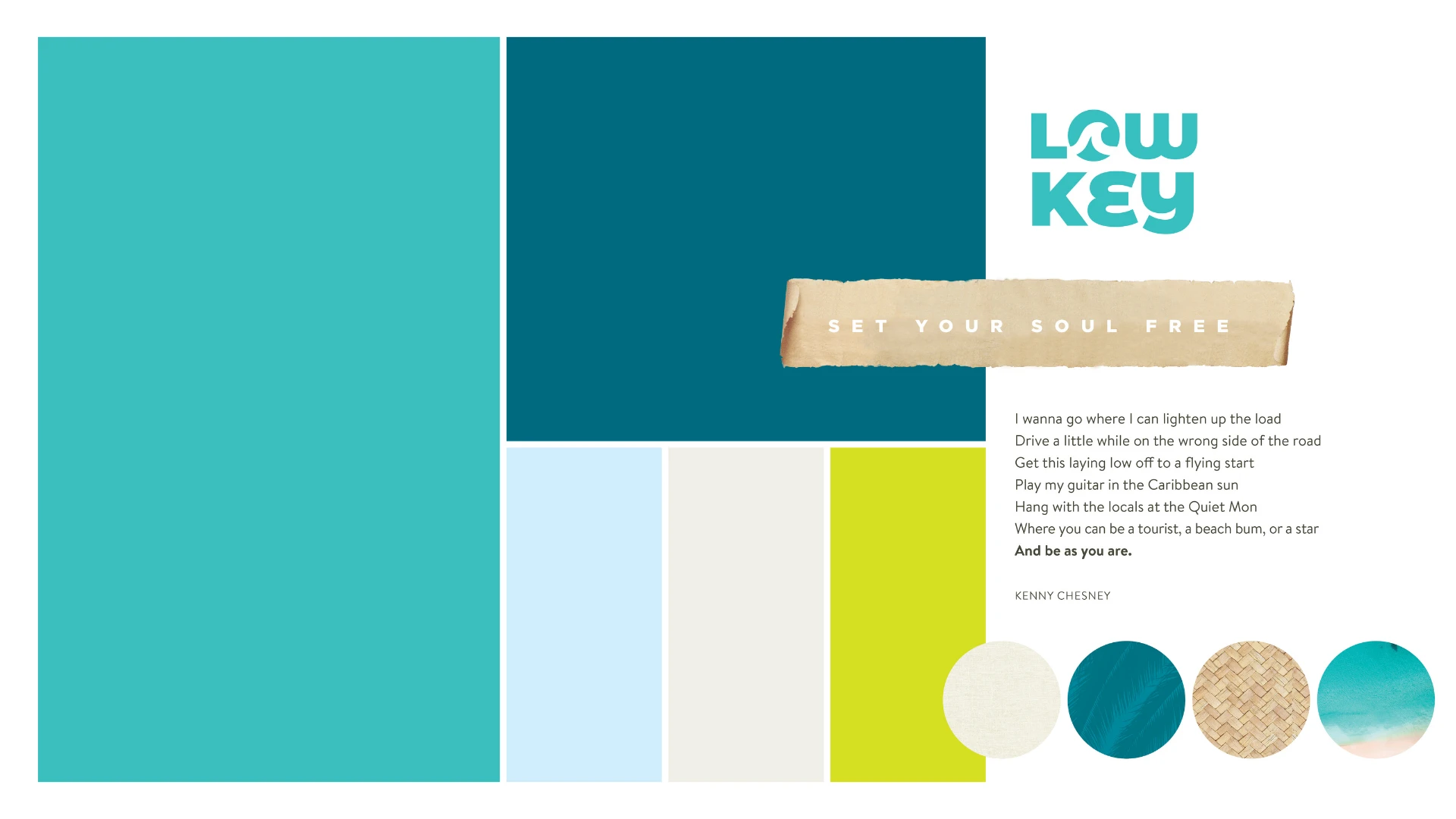 Low Key brand board — logo, color palette, and Set Your Soul Free tagline
