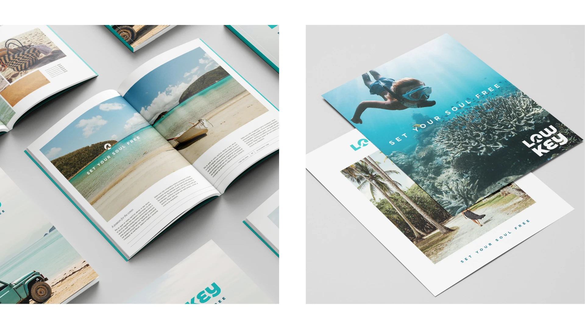 Low Key brand brochure and magazine spreads