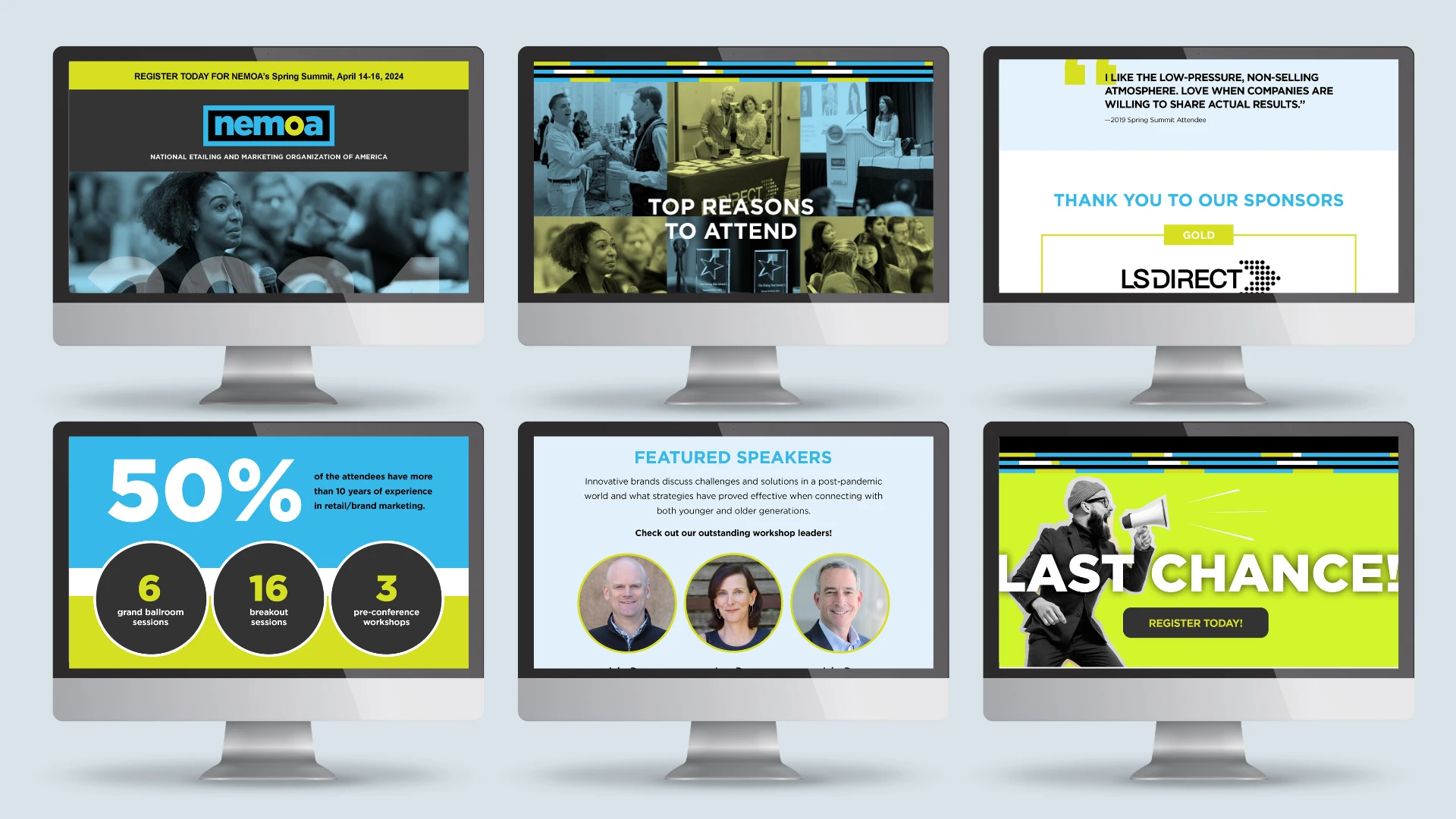 Nemoa Summit website and email design on desktop screens