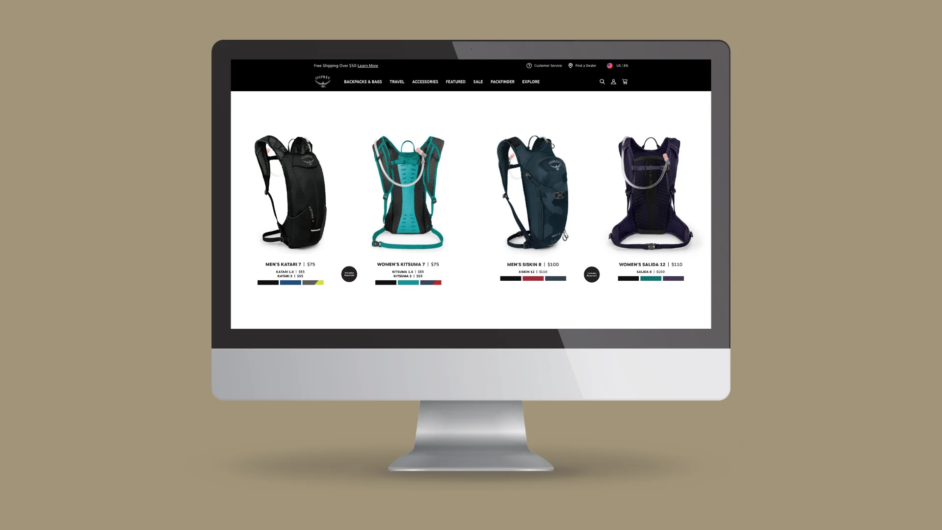 Osprey website product grid