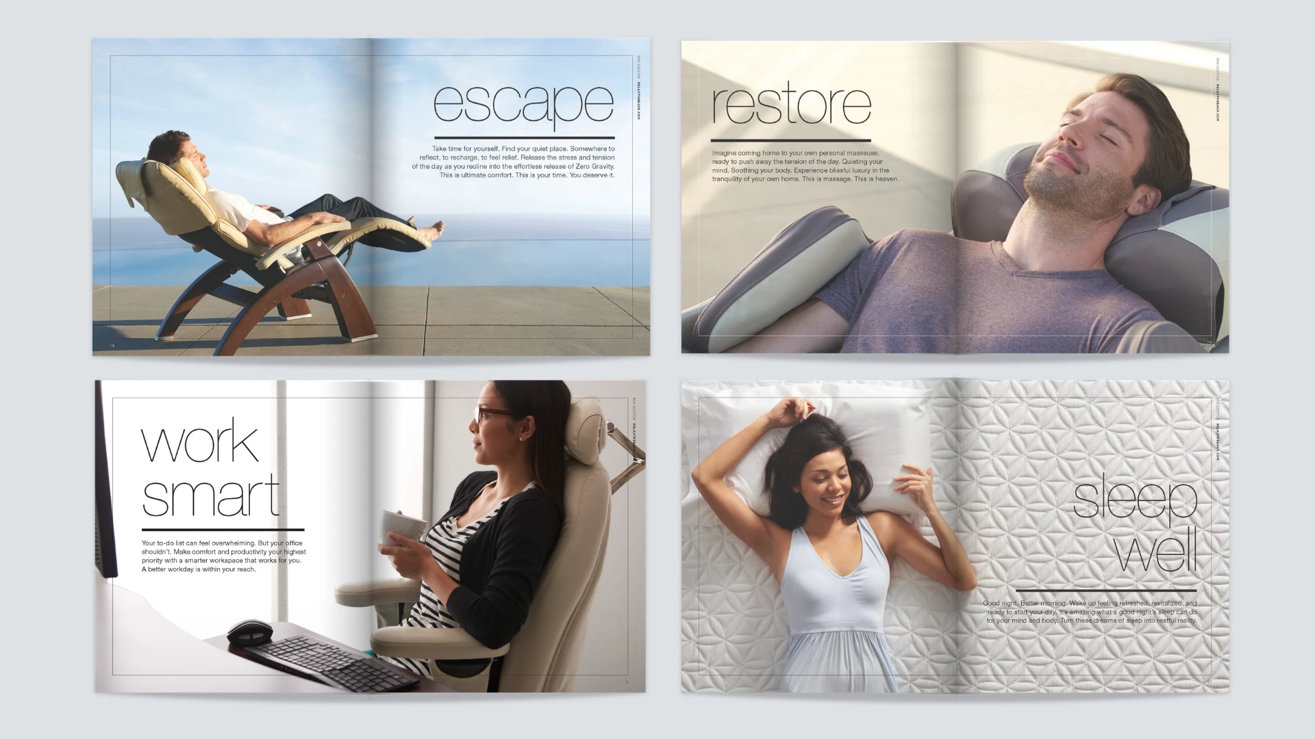 Catalog spreads: Escape, Restore, Work Smart, Sleep Well
