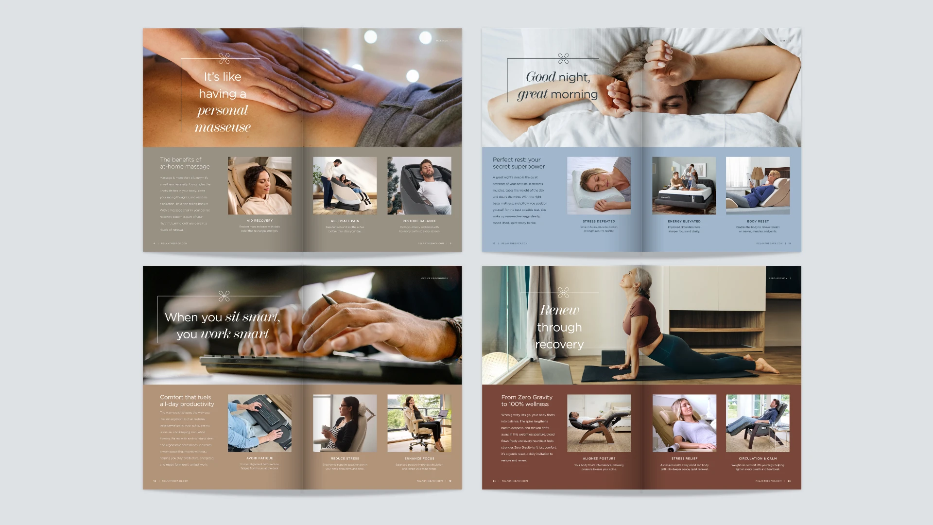 Refreshed catalog spreads: personal masseuse, good morning, sit smart, renew