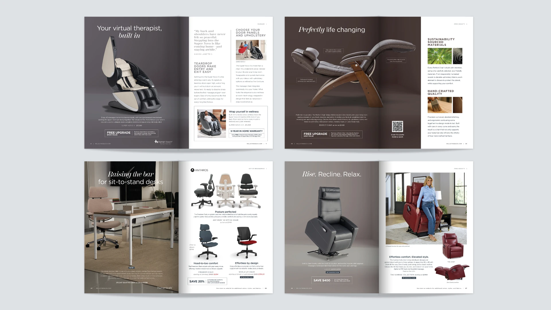Refreshed catalog spreads: virtual therapist, perfectly life changing, sit-to-stand desks