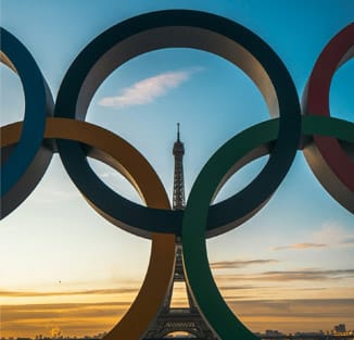 Olympic rings with Eiffel Tower in background