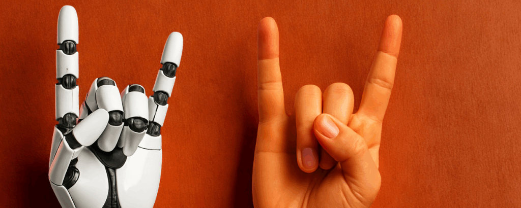 one robotic hand and one human hand