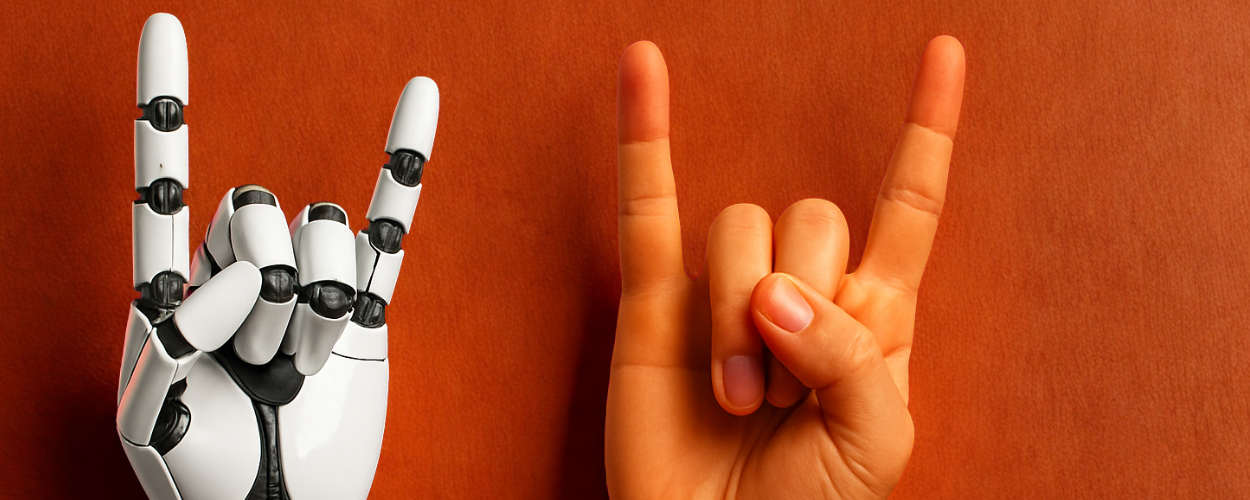 one robotic hand and one human hand