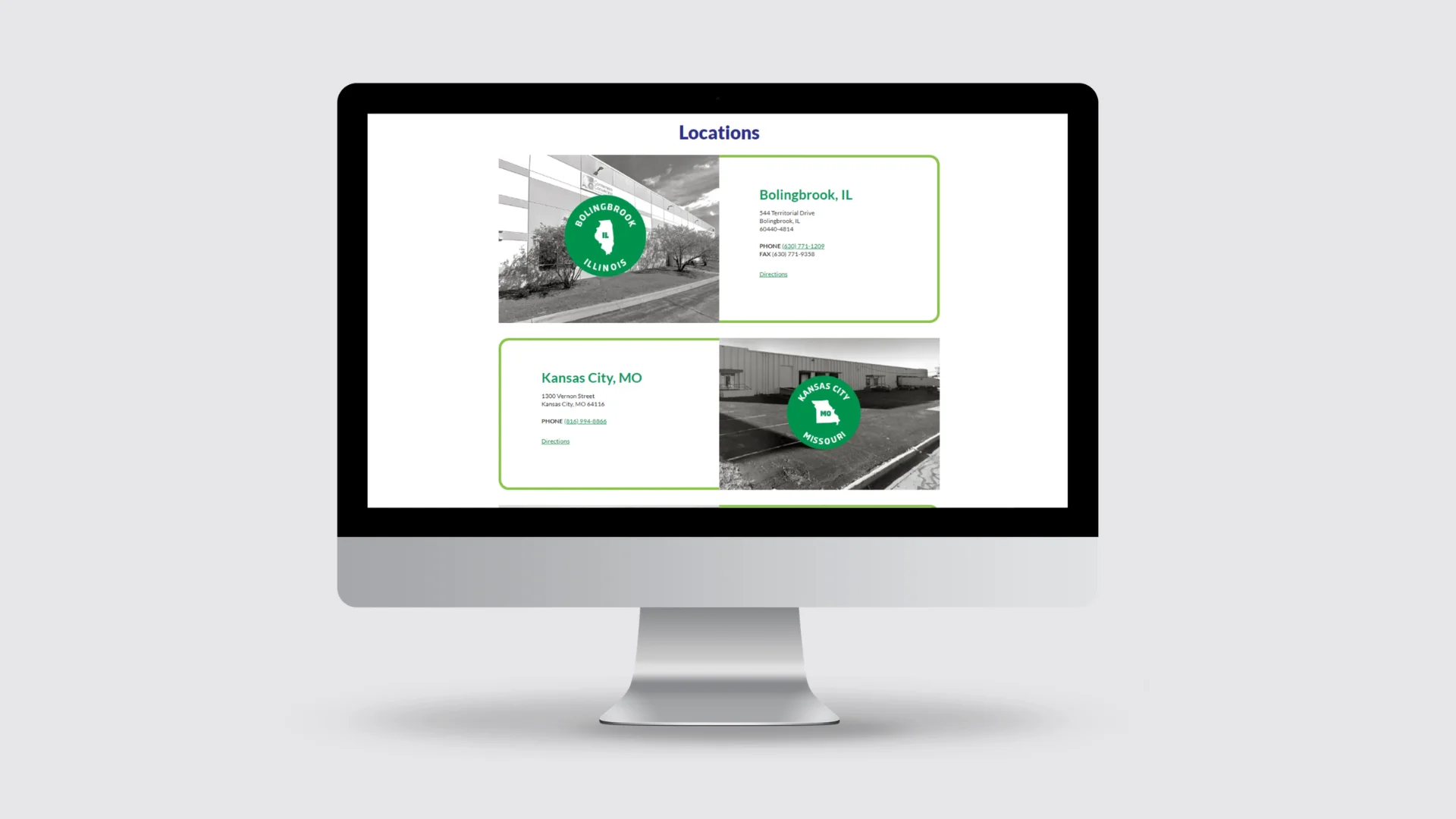 Locations page — Bolingbrook, IL and Kansas City, MO